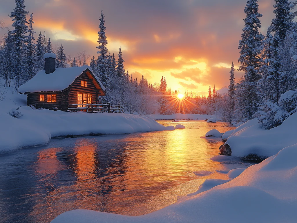 冬天森林夕阳雪景