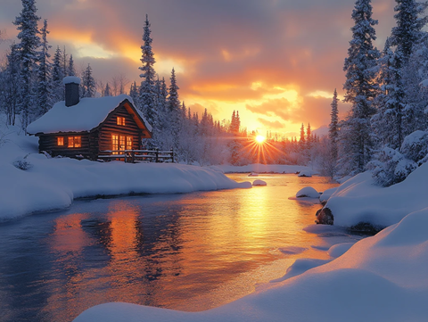 冬天森林夕阳雪景