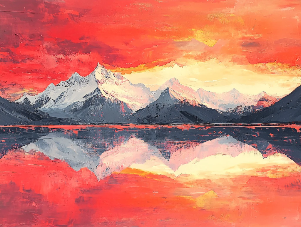 油画远山群山倒影云雾