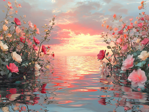 唯美湖色水彩花卉倒影