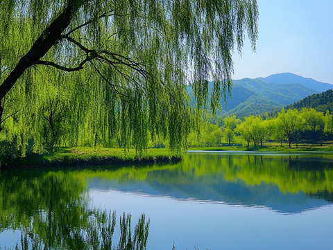 湖畔绿柳