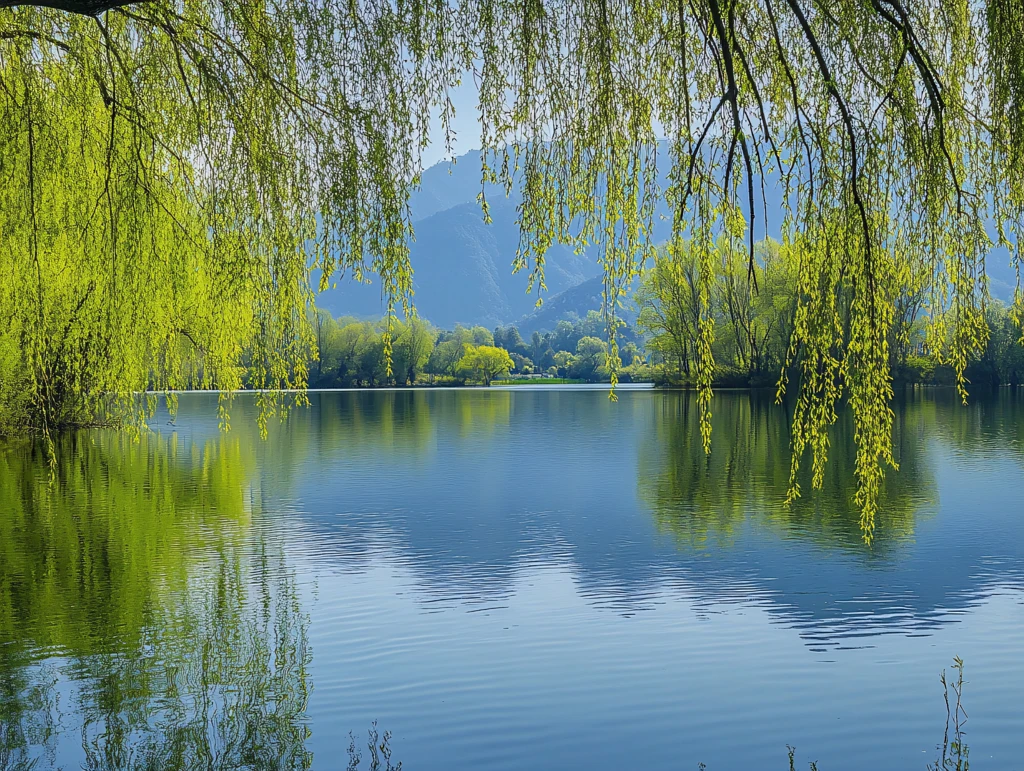 湖畔春天杨柳