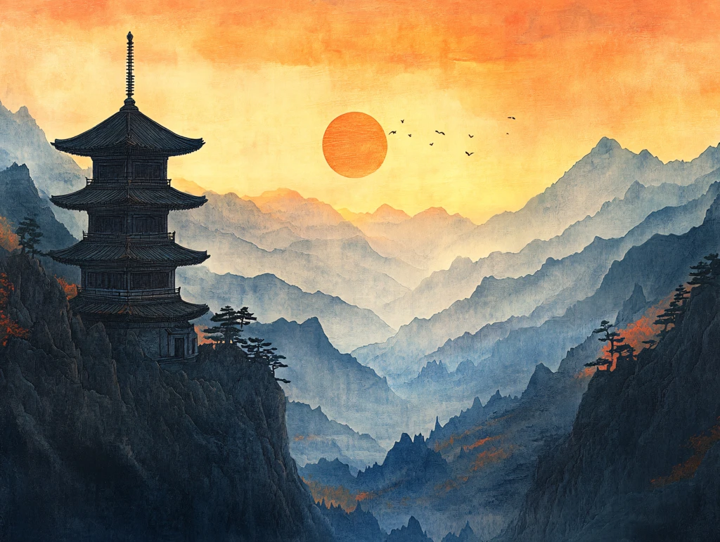 旭日东升楼阁山水画