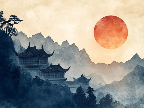 旭日东升楼阁山水画