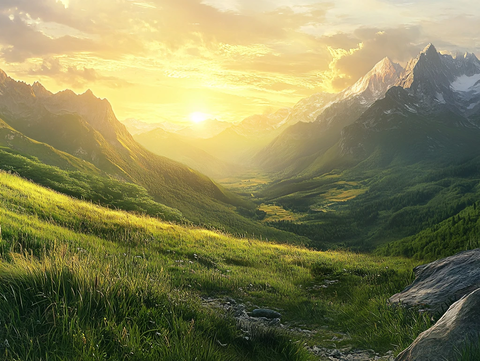 山地丘陵草场夕阳