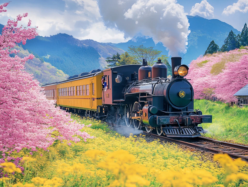 春天花海中的列车