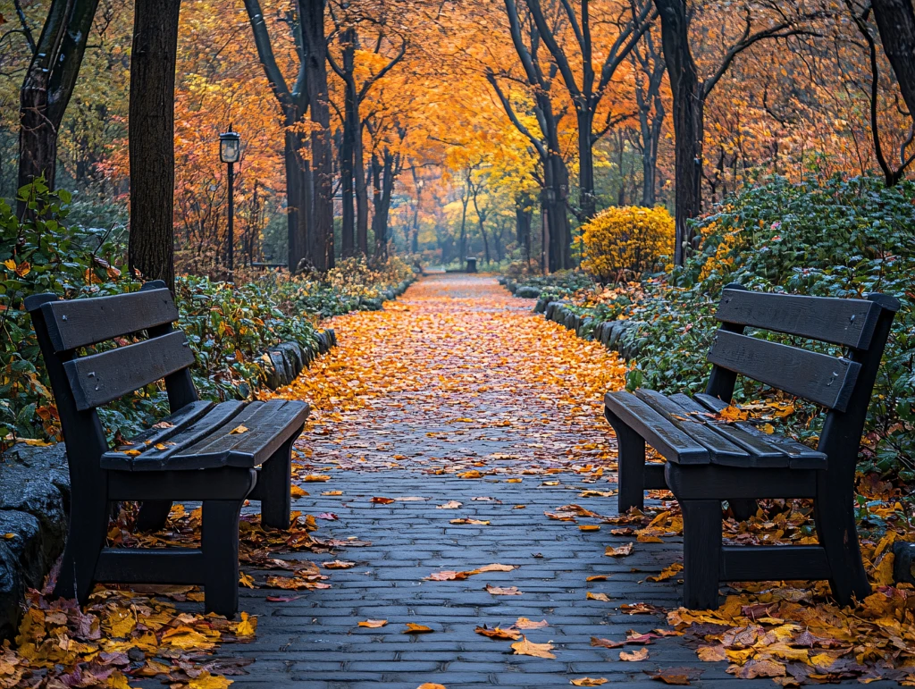 落叶满地与休息长凳