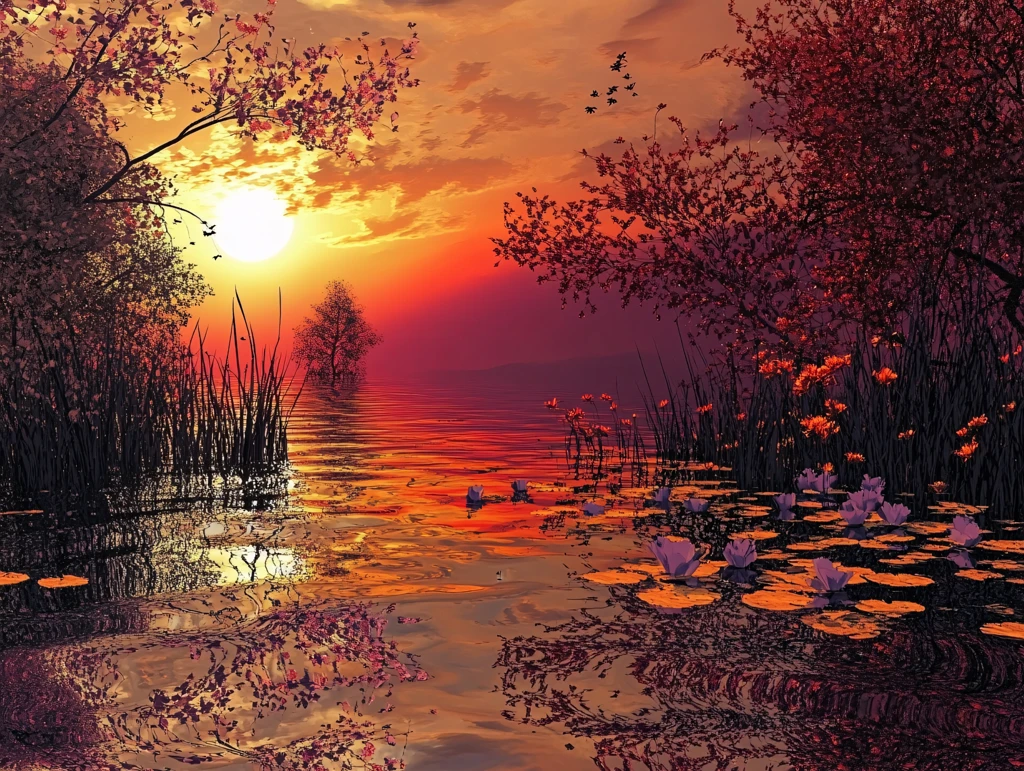 夕阳风景芦苇池塘