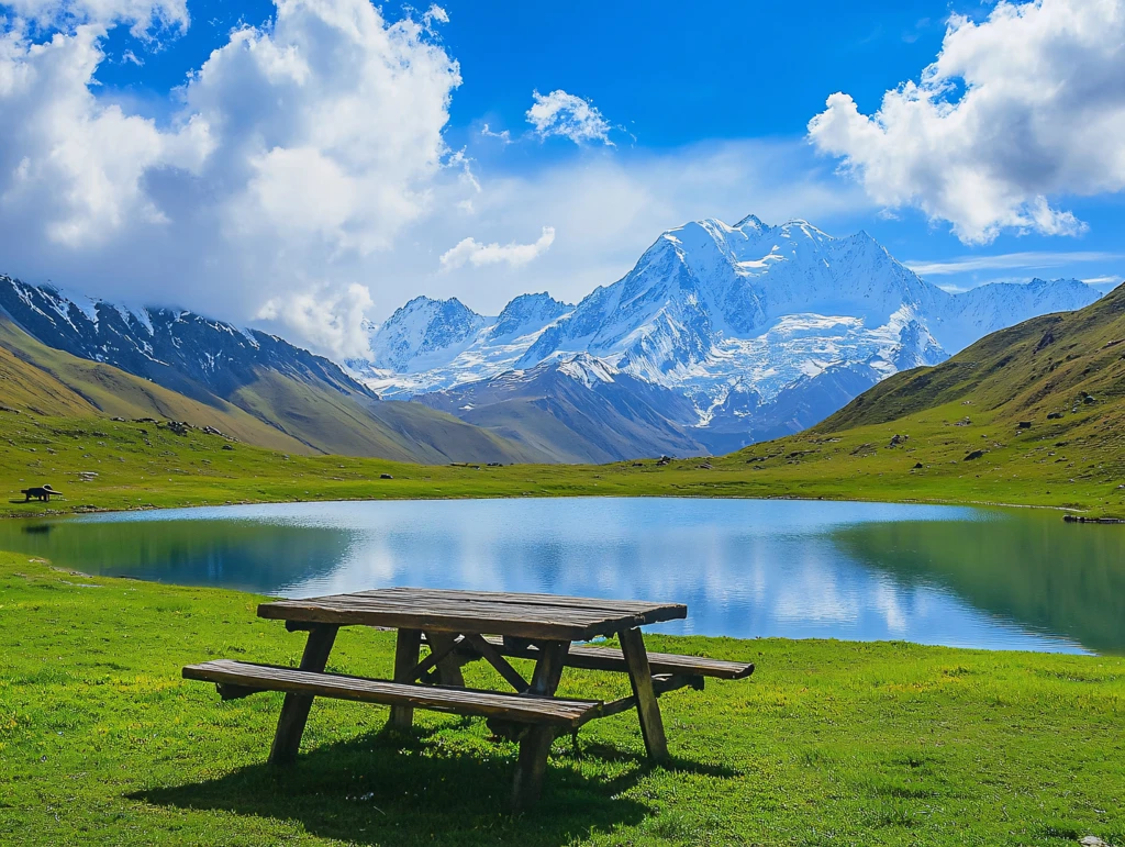蓝天白云雪山草地湖泊