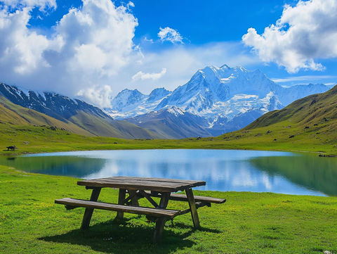 蓝天白云雪山草地湖泊
