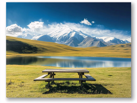 蓝天白云雪山草地湖泊