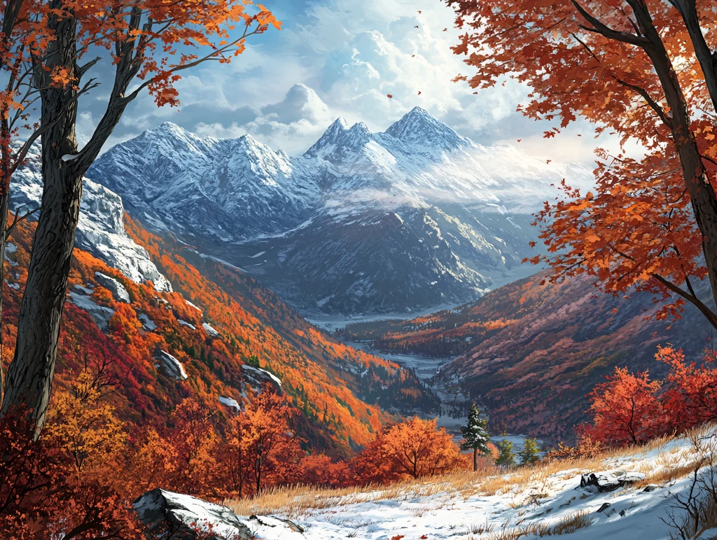 森林黄叶深秋白雪山峰