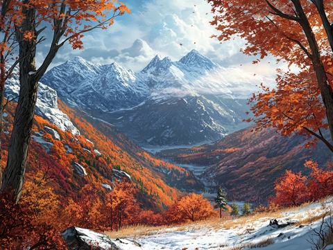 森林黄叶深秋白雪山峰