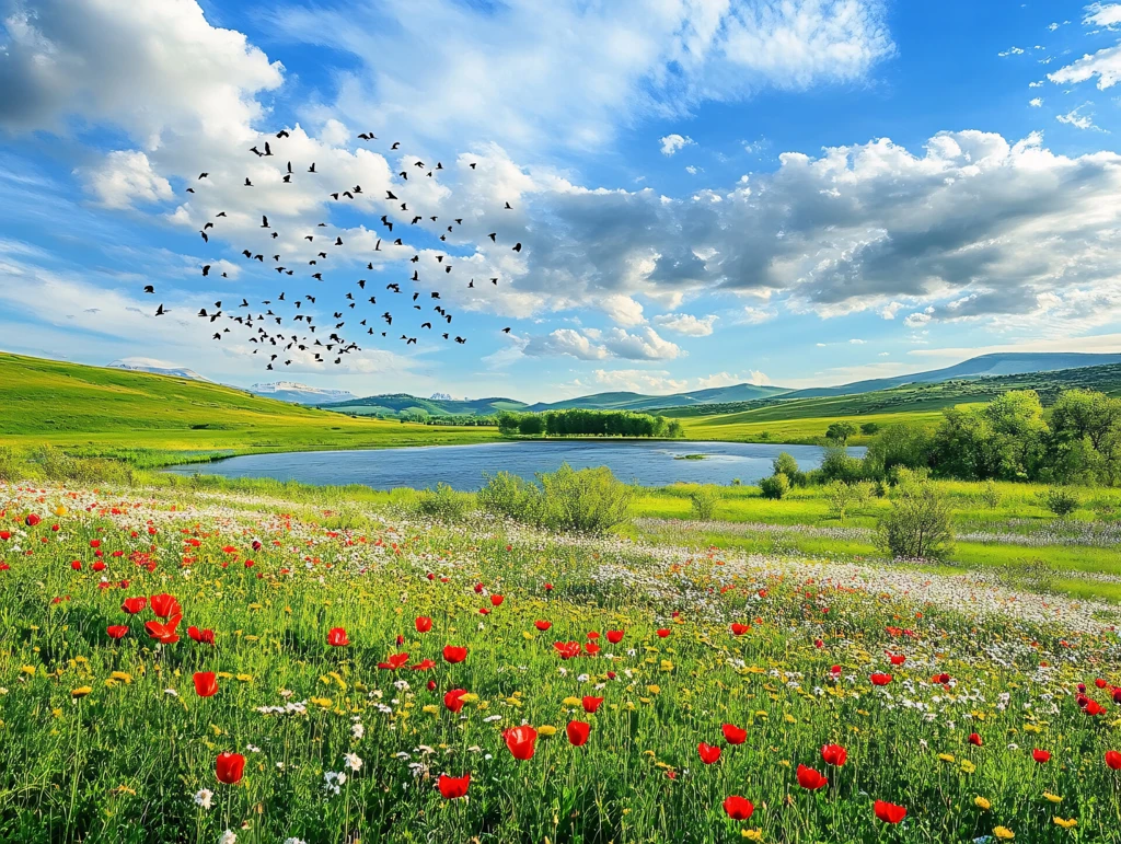 蓝天白云鲜花草地