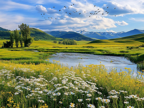 夏季草原野花河流