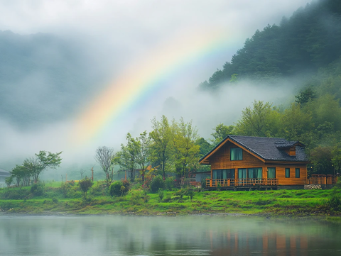 小木屋炊烟风光
