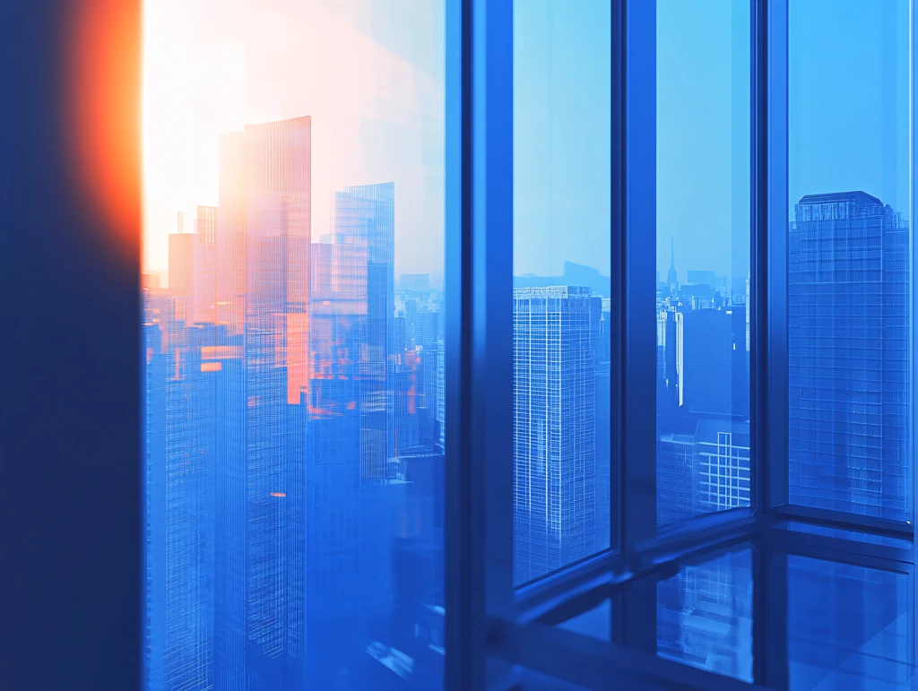 透过窗户看城市落日