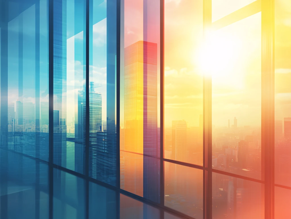 透过窗户看城市落日