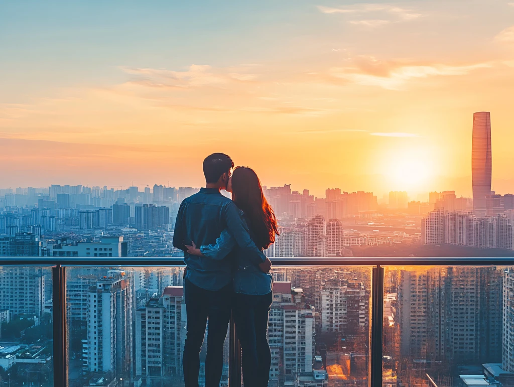 户外黄昏登高望远