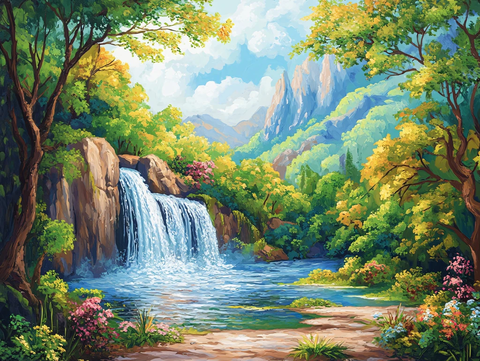 山水风景油画瀑布