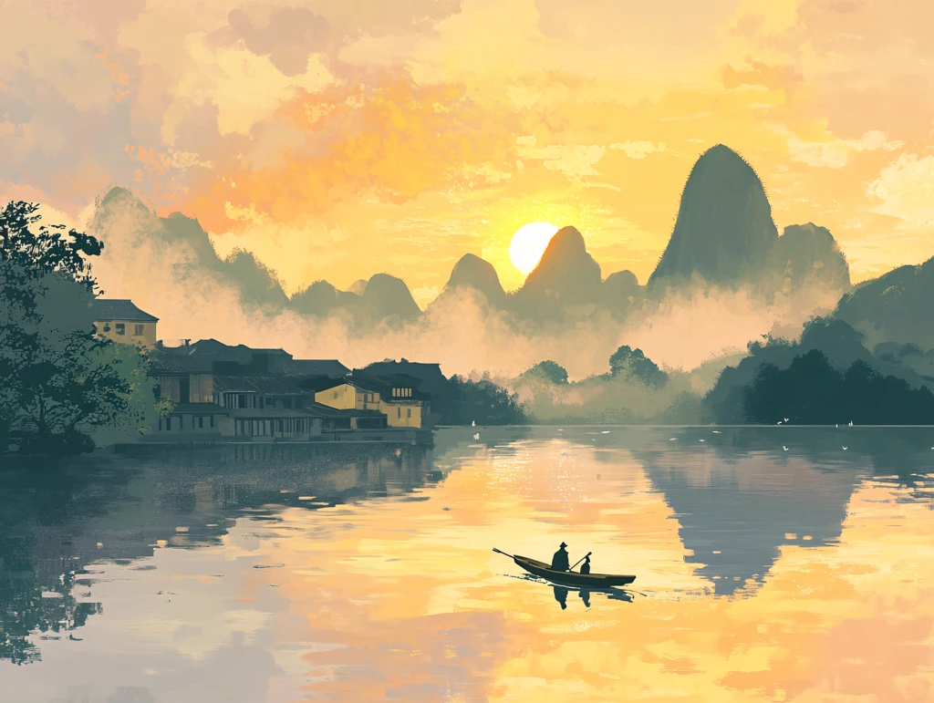 广西大学插画水墨山水