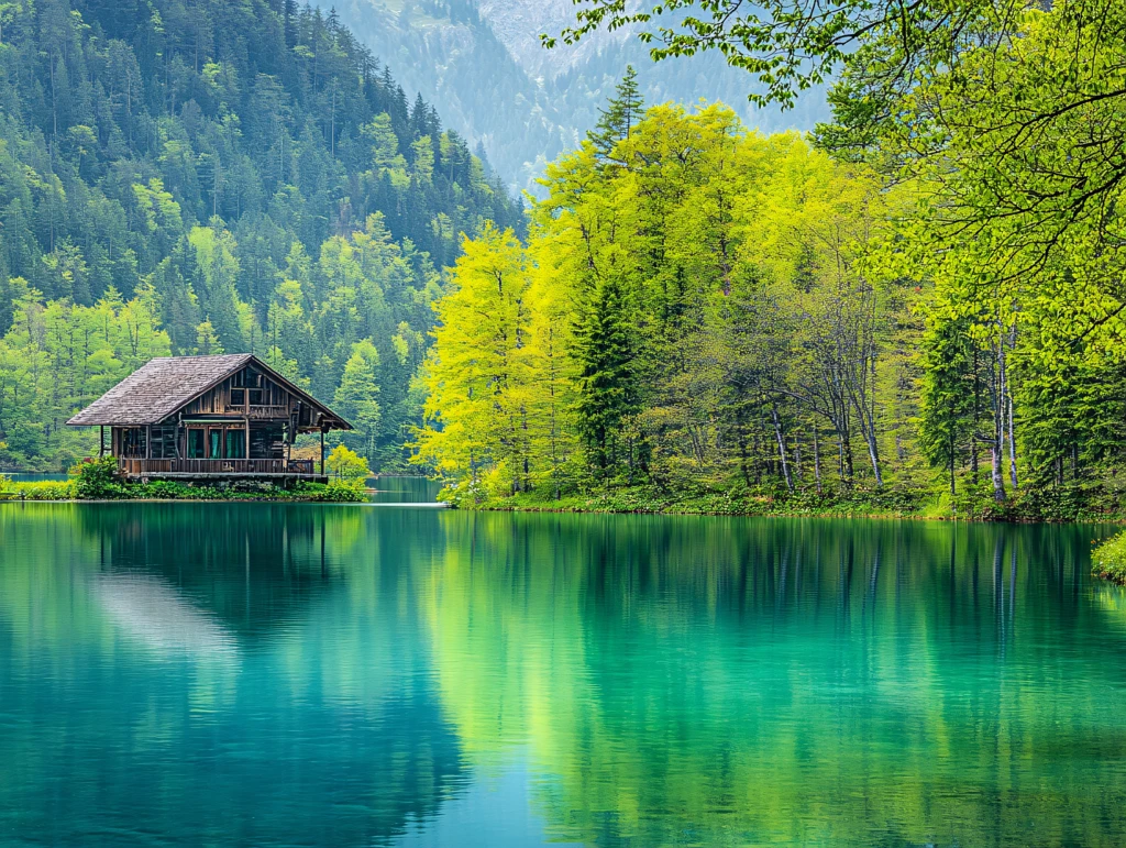 森林湖泊木屋杜鹃花