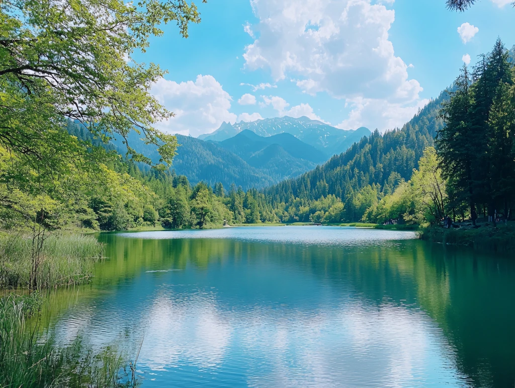 蓝天白云绿水山林背景