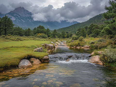 云彩高山彩色溪水