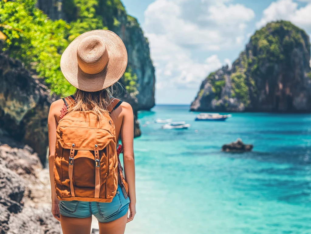 海边背包女人背影