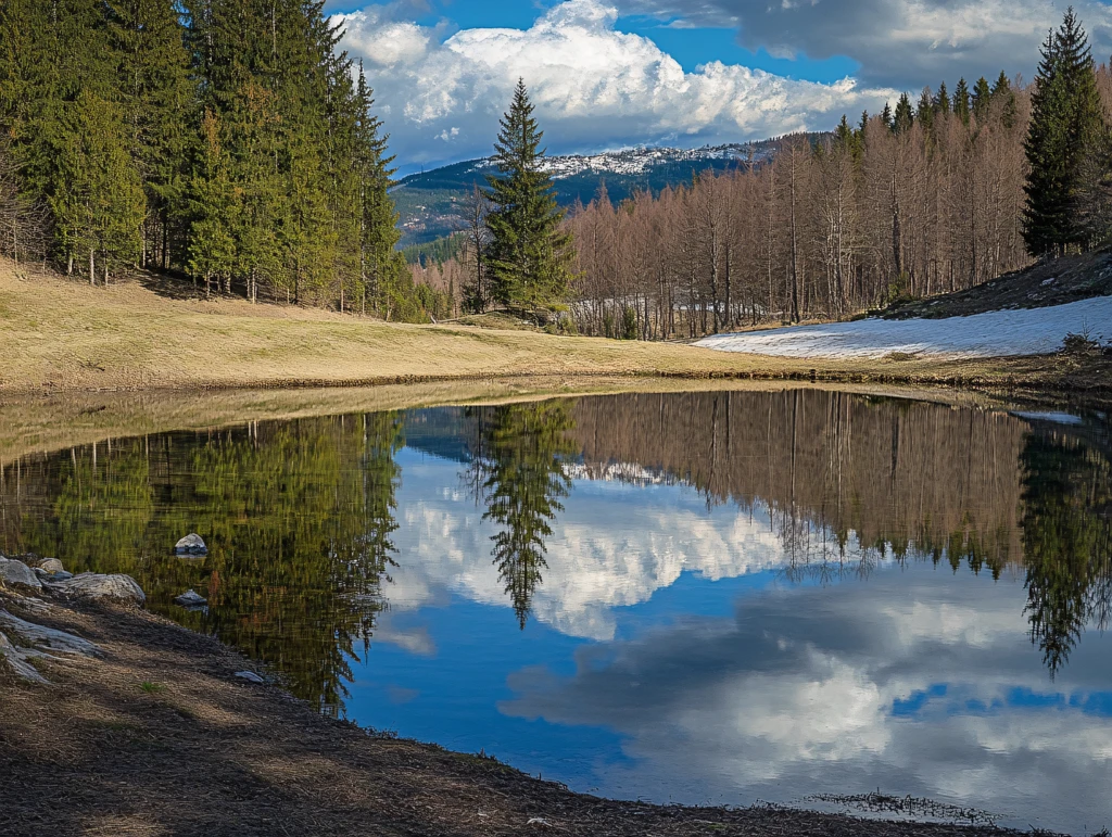 蓝天白云落叶松林湖泊