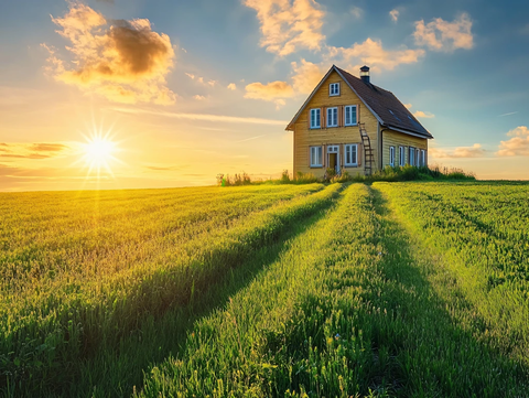 晚霞中草地木屋