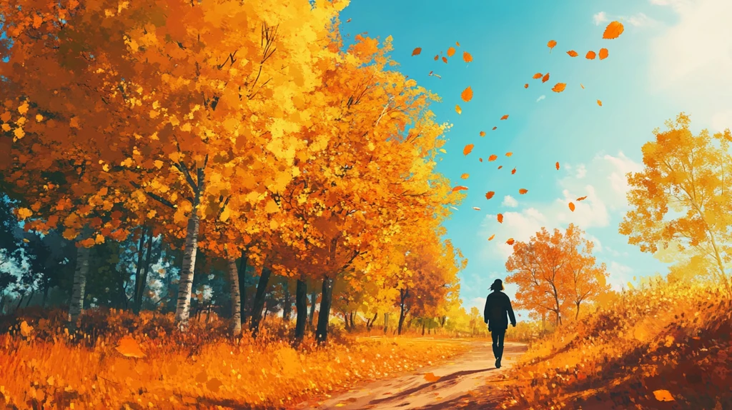 金色树叶小路落叶行人