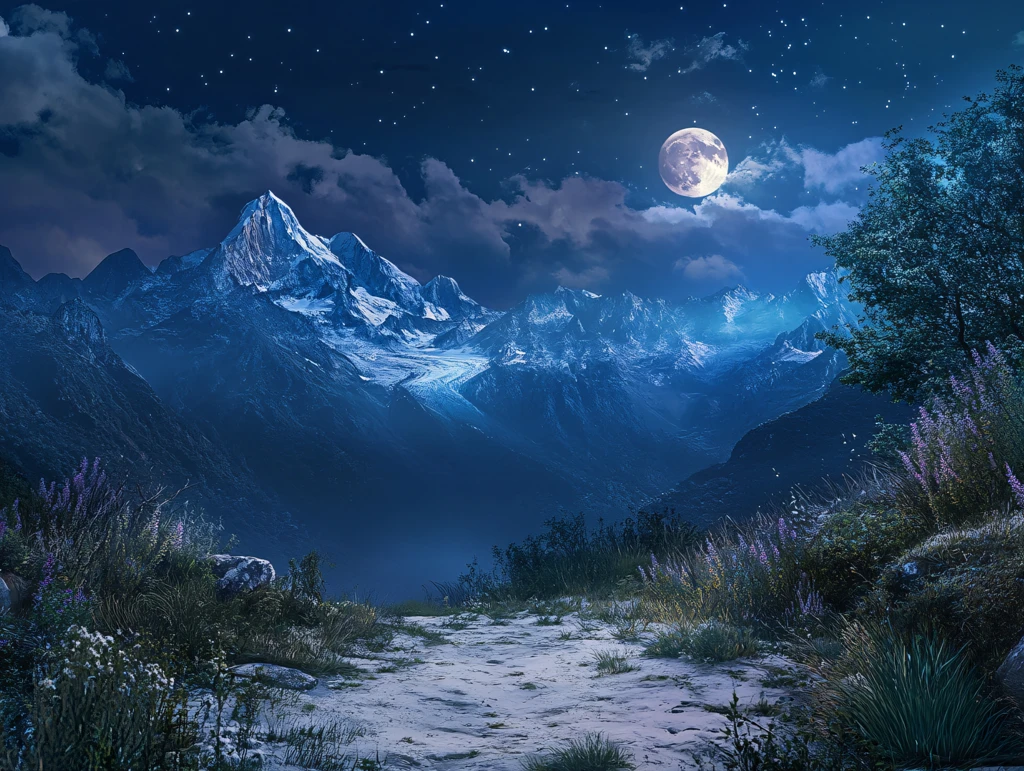 意境图片星月山川挂图