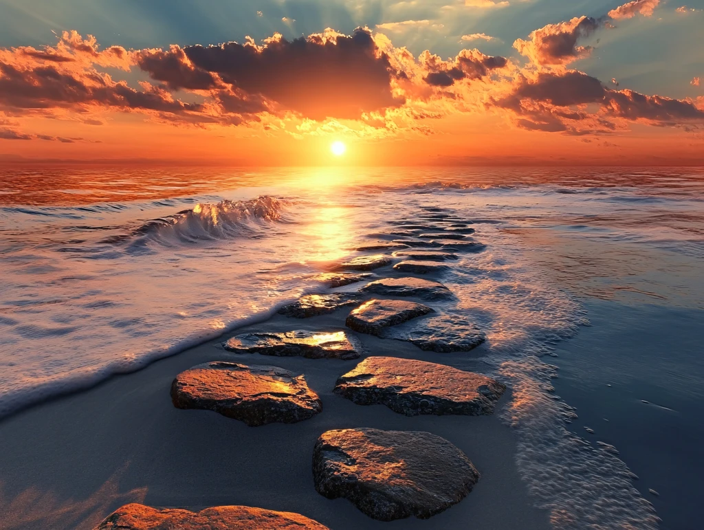 阳光夕阳太阳岩石岸边