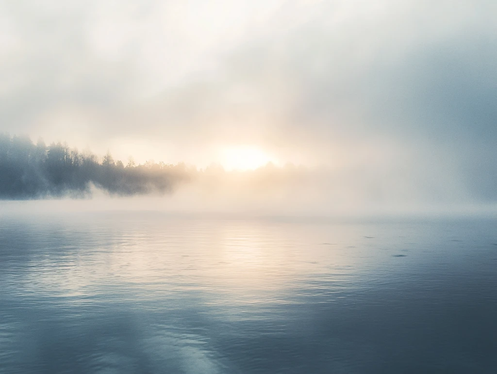 暖色调湖水面雾气