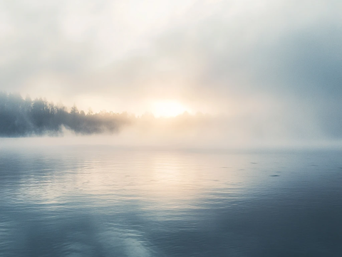 暖色调湖水面雾气