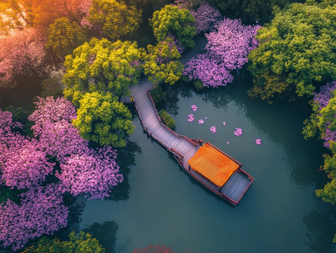 航拍西溪湿地游船码头