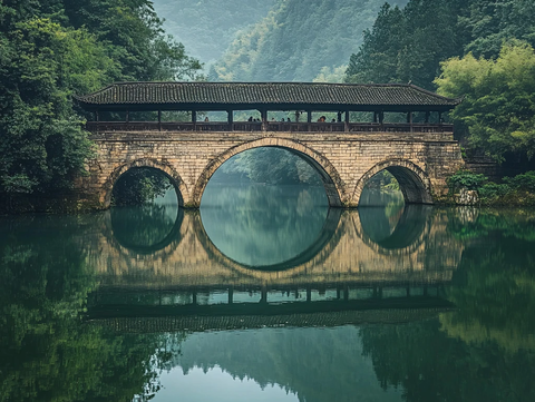 山水古桥倒影