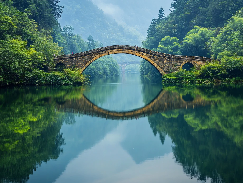 山水古桥倒影