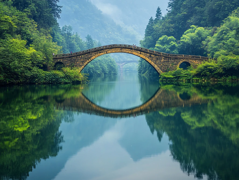 山水古桥倒影