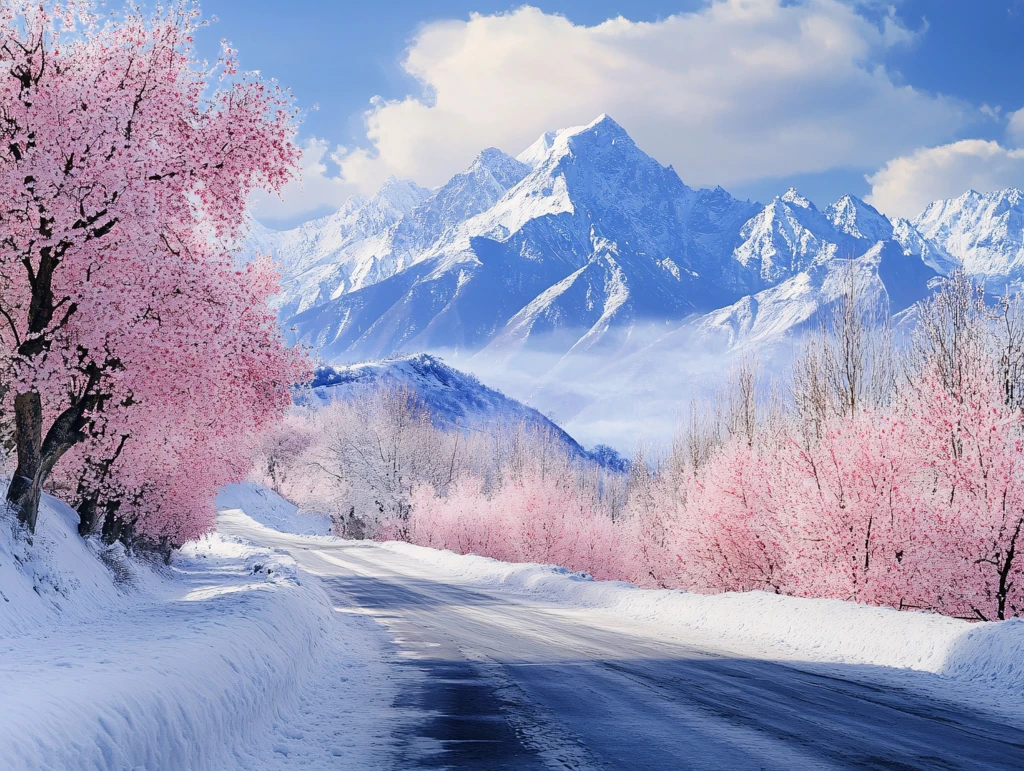 雪山田园桃花
