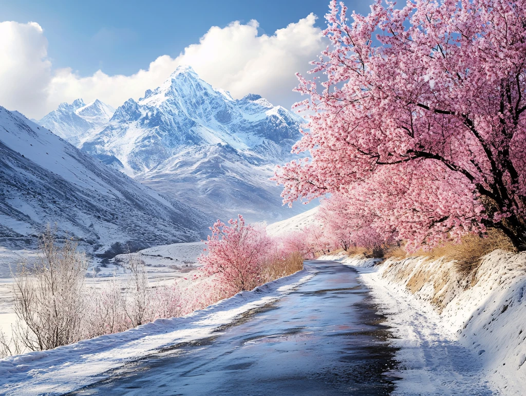 雪山田园桃花