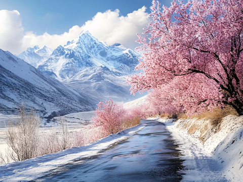 雪山田园桃花
