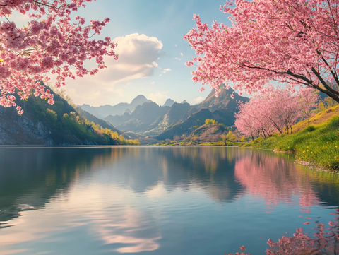 春花灿烂的湖面