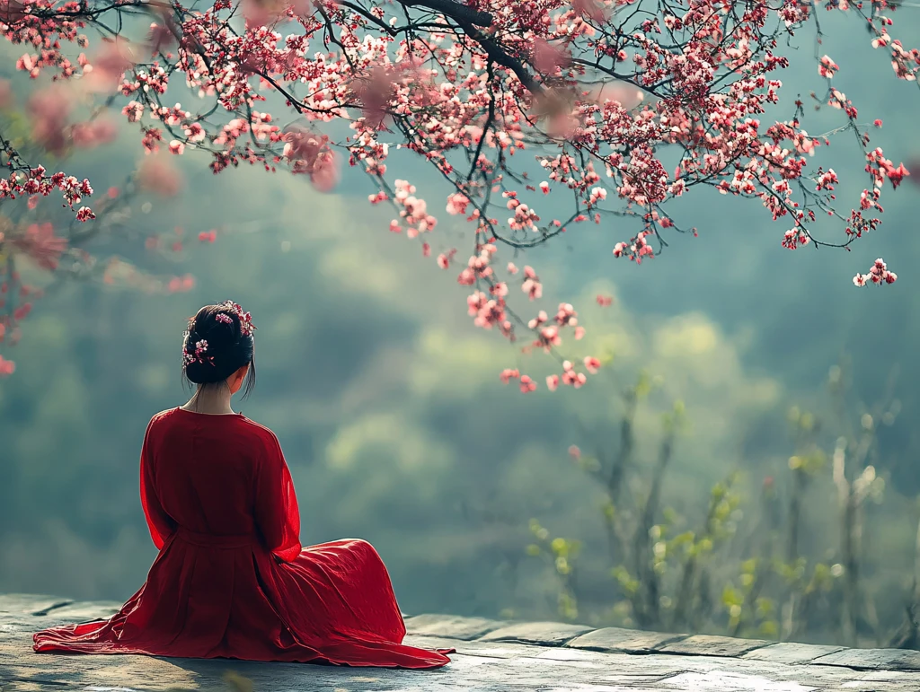 赏花红衣姑娘背影