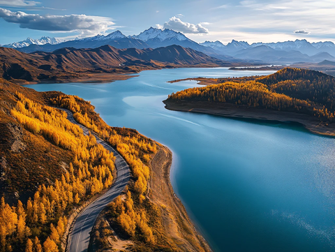 蓝色湖水金色胡杨雪山