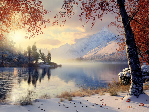 唯美冬日湖景清晨