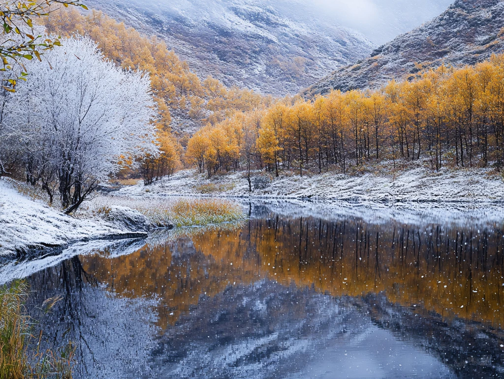 深秋色白雪山林黄叶