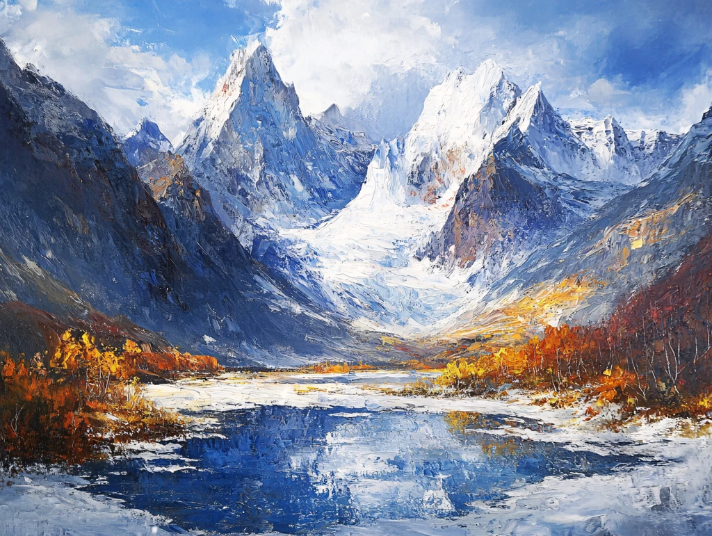 雪山河流油画