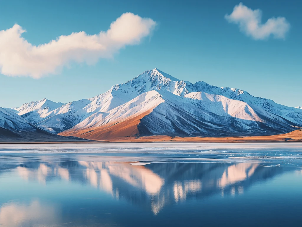 湖泊倒影雪山蓝天白云